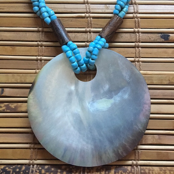Turquoise Blue Tribal Wood Natural Shell Necklace Hippie Boho - Picture 3 of 7